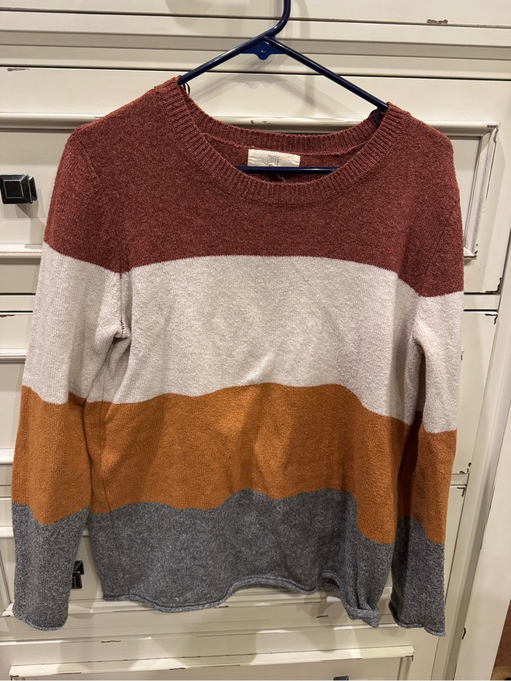 Cozy Colorblock Crewneck Sweater — Rust, Cream & Gray